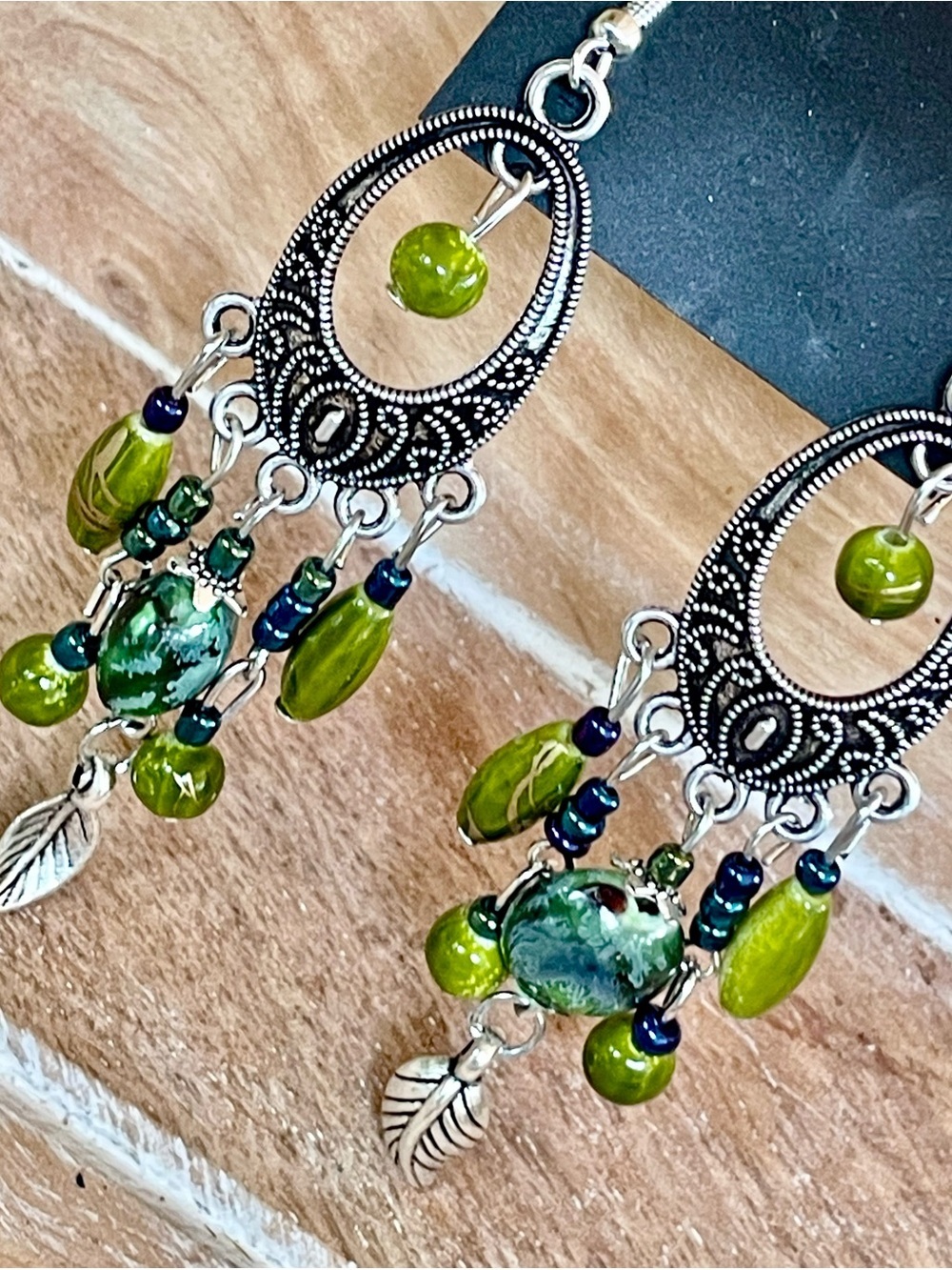 Handcrafted Olive Green Boho Beaded Dangle Earrings with Silver Filigree